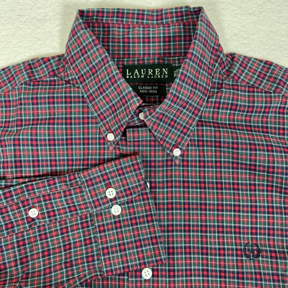 Lauren Ralph Lauren Dress Shirt Mens 16.5 35 Plaid Classic Fit‎ Crest Non Iron